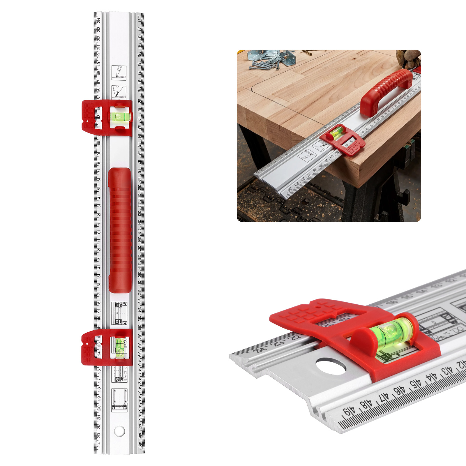 Home Improvement Mark - Aluminiowa poziomica z prowadnicą ślizgową, liniał